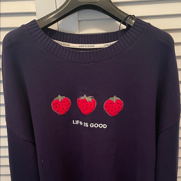 Life Is Good Sweaters - NWT Life Is Good Dark Blue Sweater with Strawberry Accents size XL